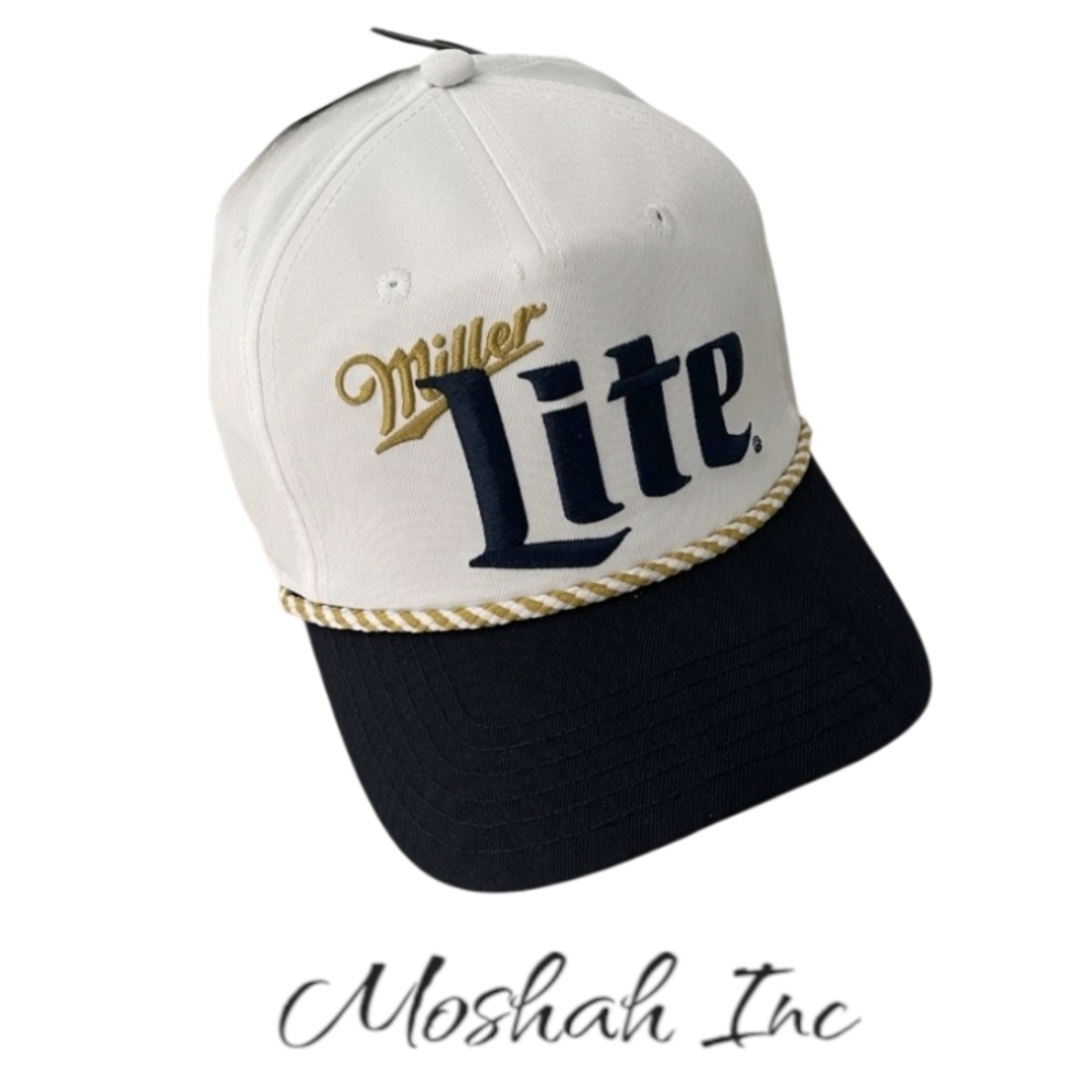 Miller Lite 5 Panel Snapback Cap. White With Black Brim